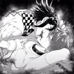 Rule 34 | 2boys, arm behind head, arm up, biting tongue, blood, chain, chained, checkered clothes, checkered scarf, collar, collarbone, commentary request, danganronpa (series), danganronpa v3: killing harmony, fangs, from side, grabbing another&#039;s hair, greyscale, halftone, highres, long sleeves, looking at another, male focus, metal collar, momota kaito, monochrome, multiple boys, nanin, open mouth, oma kokichi, print shirt, scarf, shirt, short hair, upper body, yaoi