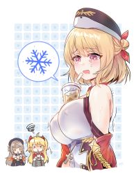 Rule 34 | 3girls, admiral hipper (azur lane), aye, azur lane, blonde hair, breasts, bubble tea, bubble tea challenge, commentary request, cross, cross necklace, drinking, hat, highres, ice, ice cube, jewelry, large breasts, leipzig (azur lane), long hair, multiple girls, necklace, open mouth, purple eyes, short hair, silver hair, simple background, tears, z46 (azur lane)