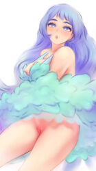 Rule 34 | 1girl, :o, areola slip, bare shoulders, blue eyes, blue hair, blush, boku no hero academia, breasts, cleft of venus, dress, hadou nejire, half-closed eyes, highres, large breasts, long hair, looking at viewer, medium breasts, open mouth, pussy, shpo, simple background, solo, uncensored, very long hair, wardrobe malfunction, white background