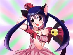 Rule 34 | 1girl, absurdres, animal ears, bell, blue hair, cat ears, cosplay, dress, envy (artist), fairy tail, fang, gloves, highres, mew ichigo (cosplay), ribbon, tail, tokyo mew mew, twintails, wendy marvell