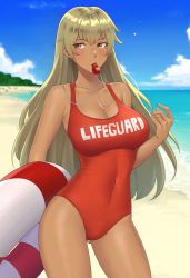 Rule 34 | 1girl, absurdres, bare shoulders, beach, blonde hair, blush, breasts, cleavage, cloud, collarbone, commission, covered navel, cowboy shot, dark skin, day, fire emblem, fire emblem: the binding blade, gluteal fold, highres, holding, igni tion, igrene (fire emblem), large breasts, lifebuoy, lifeguard, long hair, looking to the side, mole, mole under eye, mouth hold, nintendo, ocean, one-piece swimsuit, outdoors, red one-piece swimsuit, sand, sky, solo, standing, swim ring, swimsuit, very long hair, water, whistle, whistle around neck, yellow eyes