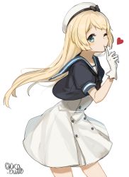 Rule 34 | 1girl, beret, black bow, blonde hair, blue eyes, blue sailor collar, blue shirt, blush, bow, buttons, closed mouth, commentary request, dress, gloves, hat, heart, highres, index finger raised, jervis (kancolle), kantai collection, long dress, long hair, looking at viewer, one eye closed, puffy short sleeves, puffy sleeves, sailor collar, shirt, short sleeves, simple background, solo, twitter username, very long hair, white background, white dress, white gloves, white hat, yamashichi (mtseven)