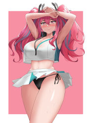 Rule 34 | 1girl, armpits, azur lane, bare shoulders, blush, breasts, bremerton (azur lane), bremerton (scorching-hot training) (azur lane), cleavage, collarbone, crop top, crop top overhang, hella p, highres, large breasts, long hair, looking at viewer, multicolored hair, navel, pink eyes, pink hair, smile, solo, sportswear, streaked hair, tennis uniform, twintails, two-tone shirt, two-tone skirt