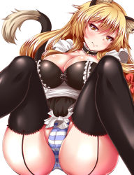 Rule 34 | 1girl, animal ears, ass, bell, black dress, black thighhighs, blonde hair, blush, breasts, cameltoe, cat ears, cat girl, cat tail, choker, cleavage, commentary request, dress, female focus, frilled dress, frills, garter straps, highres, kemonomimi mode, large breasts, long hair, looking at viewer, neck bell, panties, partially visible vulva, purple theme, ribbon choker, sitting, solo, spread legs, striped clothes, striped panties, tail, thighhighs, thighs, touhou, underwear, yakumo yukari, yellow eyes, zan (harukahime)