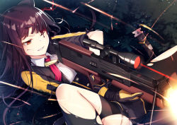 Rule 34 | 1girl, black gloves, black pantyhose, black skirt, bleeding, blood, blood on face, breasts, bullet, bullpup, buttons, clenched teeth, collared shirt, commentary request, firing, furrowed brow, girls&#039; frontline, gloves, grass, gun, high-waist skirt, holding, holding weapon, injury, jacket, knee up, large breasts, long hair, long sleeves, looking away, lying, miniskirt, motion blur, muzzle flash, necktie, night, on back, one eye closed, one side up, open clothes, open jacket, pantyhose, parted lips, projectile trail, purple hair, red eyes, red necktie, revision, rifle, scope, shirt, sidelocks, skirt, sniper rifle, solo, striped clothes, striped shirt, teeth, torn clothes, torn jacket, torn pantyhose, tracer ammunition, underbust, v-shaped eyebrows, wa2000 (girls&#039; frontline), walther, walther wa 2000, weapon, white shirt, yan (nicknikg)