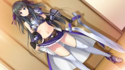 Rule 34 | 1girl, armor, black gloves, black hair, blue eyes, breastplate, cameltoe, closed mouth, clothes lift, dutch angle, fingerless gloves, floating hair, game cg, gauntlets, gloves, hair ribbon, hand on hilt, hayami shizuno, hibikino-san-chi wa eroge-ya-san!, highres, indoors, lifted by self, long hair, looking at viewer, midriff, miniskirt, navel, panties, pleated skirt, purple ribbon, purple skirt, ribbon, sawayaka samehada, shoulder armor, skirt, skirt lift, smile, solo, standing, stomach, sword, thighhighs, twintails, underwear, very long hair, weapon, white panties, white thighhighs, wooden floor
