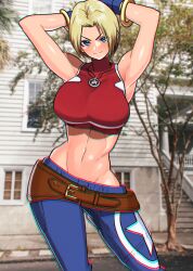 Rule 34 | 1girl, akisu k, armpits, arms behind head, blonde hair, blue eyes, blue mary, breasts, curvy, fatal fury, highres, large breasts, legs, looking at viewer, midriff, navel, pants, seductive smile, short hair, smile, snk, solo, the king of fighters, the king of fighters xv, thighs, toned