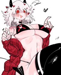 Rule 34 | 1girl, bikini, breasts, demon tail, heart, heart-shaped pupils, helltaker, highres, horns, huge breasts, modeus (helltaker), open clothes, red eyes, ribbed sweater, solo, sweater, swimsuit, symbol-shaped pupils, tail, thighhighs, usa37107692, white hair