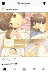 Rule 34 | artist request, baby, brand name imitation, brown eyes, brown hair, crib, closed eyes, fake screenshot, heart, highres, husband and wife, if they mated, instagram, kdc (tamaco333), pillow, ranma 1/2, saotome ranma, smile, tendou akane, translation request
