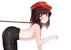 Rule 34 | 1boy, bad id, bad pixiv id, bent over, beret, black pantyhose, blue eyes, blush, brown hair, closed mouth, collar, commander (girls&#039; frontline), dokomon, from side, girls&#039; frontline, hat, highres, leash, male focus, pantyhose, red collar, red hat, simple background, smile, solo, topless male, trap, white background