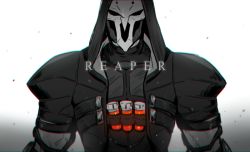 Rule 34 | 1boy, bad id, bad twitter id, character name, coat, gradient background, hood, male focus, mask, monochrome, overwatch, overwatch 1, reaper (overwatch), solo, spot color, trench coat, upper body, weapon