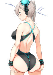 Rule 34 | 1girl, ass, asymmetrical hair, back, bare shoulders, black one-piece swimsuit, black ribbon, blue eyes, blue one-piece swimsuit, breasts, bun cover, closed mouth, competition swimsuit, fate/grand order, fate (series), grey hair, hair bun, hair ribbon, hands on own ass, highleg, highleg swimsuit, large breasts, long hair, miyamoto musashi (fate), miyamoto musashi (fate/grand order), miyamoto musashi (swimsuit berserker) (fate), miyamoto musashi (swimsuit berserker) (first ascension) (fate), one-piece swimsuit, ribbon, side bun, simple background, single hair bun, single side bun, solo, swept bangs, swimsuit, thighs, two-tone swimsuit, wristband, yuuzuki (re&#039;ef)