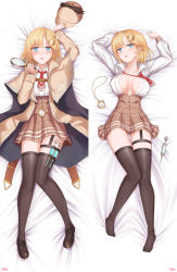 Rule 34 | 1girl, :d, :o, arm up, arms up, bed, bed sheet, black thighhighs, blonde hair, blue eyes, blush, breasts, breasts apart, brown coat, brown footwear, brown headwear, brown skirt, coat, collar, collarbone, collared shirt, dakimakura (medium), from above, full body, gluteal fold, hair ornament, highres, hololive, hololive english, holster, large breasts, long sleeves, looking at viewer, loose necktie, magnifying glass, mary janes, medium hair, monocle, mustache print, necktie, no bra, on bed, open mouth, plaid, plaid headwear, plaid skirt, pocket watch, red neckwear, shirt, shirt tucked in, shoes, skirt, smile, syringe, tfqr, thigh holster, thigh strap, thighhighs, unbuttoned, unbuttoned shirt, virtual youtuber, watch, watson amelia, white collar