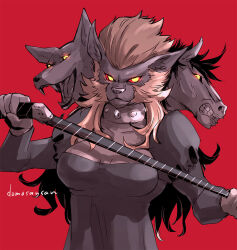 Rule 34 | 1girl, animal head, artist name, black hair, breasts, closed mouth, collar, colored sclera, dog head, dress, fangs, glowing, glowing eyes, hecate (megami tensei), holding, holding weapon, holding whip, horse head, long hair, looking at viewer, open mouth, orange hair, pointy ears, red background, red sclera, shin megami tensei, shinabita nasubi, signature, simple background, smile, solo, weapon, whip, yellow eyes
