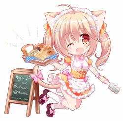 Rule 34 | 1girl, ;d, ahoge, animal ears, apron, basket, black footwear, blush, bow, bread, brown eyes, cat ears, cat girl, cat tail, chibi, commentary request, croissant, fang, food, frilled apron, frilled skirt, frilled socks, frills, hair between eyes, hair ornament, hair ribbon, hairclip, head tilt, holding, holding basket, kneehighs, light brown hair, long hair, looking at viewer, maid headdress, one eye closed, open mouth, orange ribbon, orange shirt, orange skirt, original, pink bow, plaid, puffy short sleeves, puffy sleeves, ribbon, sandwich, shikito (yawa0w0), shirt, shoes, short sleeves, sidelocks, sign, skirt, smile, socks, solo, sparkle, tail, tail bow, tail ornament, tongs, twintails, waist apron, waitress, white apron, white background, white socks, wrist cuffs