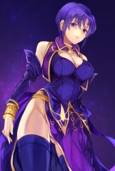 Rule 34 | 1girl, bangle, bare shoulders, bracelet, breasts, cleavage, closed mouth, commentary request, detached collar, dress, earrings, elbow gloves, fire emblem, fire emblem: the blazing blade, fire emblem heroes, from below, gloves, jewelry, jurge, large breasts, nintendo, purple background, purple eyes, purple hair, short hair, side slit, solo, thighhighs, thighs, ursula (fire emblem)
