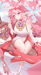 Rule 34 | 1girl, absurdres, animal ears, bare shoulders, breasts, cherry blossoms, crossed bangs, detached sleeves, earrings, fox, fox ears, full body, genshin impact, hair between eyes, hakama, highres, japanese clothes, jewelry, large breasts, long hair, nontraditional miko, pink hair, purple eyes, red skirt, samart, shiny skin, shirt, sideboob, sitting, skirt, sleeveless, sleeveless shirt, smile, solo, thighs, turtleneck, v, very long hair, water, white shirt, white sleeves, wide sleeves, yae miko