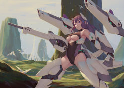 Rule 34 | 1girl, armor, bare shoulders, bigrbear, bird, boots, breasts, cannon, closed mouth, cloud, cloudy sky, day, dove, flock, headgear, highres, large breasts, legs apart, leotard, long hair, looking at viewer, original, outdoors, purple eyes, purple hair, science fiction, sky, smile, solo, spacecraft, standing, underboob