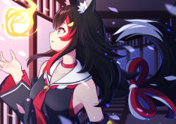 Rule 34 | 1girl, animal ear fluff, animal ears, bare shoulders, bell, black hair, black serafuku, choker, collarbone, commentary, detached sleeves, english commentary, fireball, floating hair, from side, hair ornament, hairclip, hand up, highres, hololive, jingle bell, kouhaku nawa, light particles, long hair, looking away, looking up, low-tied long hair, low ponytail, multicolored hair, necktie, ookami mio, ookami mio (1st costume), outstretched hand, parted lips, profile, red choker, red hair, red necktie, rope, school uniform, serafuku, shikinagi, shimenawa, sidelocks, sleeveless, solo, streaked hair, tail, upper body, very long hair, virtual youtuber, white hair, wide sleeves, wolf ears, wolf girl, wolf tail, yellow eyes
