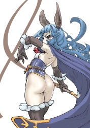 Rule 34 | 1girl, animal ears, ass, black eyes, black gloves, black thighhighs, blue cape, blue hair, breasts, cape, commentary request, elbow gloves, ferry (granblue fantasy), gloves, granblue fantasy, holding, holding whip, leotard, mersoleil03, rabbit ears, shoulder blades, small breasts, solo, thighhighs, thong leotard