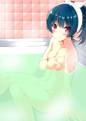 Rule 34 | 10s, 1girl, alternate hairstyle, bare arms, bare legs, bathroom, bathtub, blue hair, blush, breasts, cleavage, collarbone, completely nude, convenient censoring, covering breasts, covering privates, female focus, hand on breast, kuro neko (38-21), looking at viewer, love live!, love live! sunshine!!, navel, nude, red eyes, see-through, sitting, small breasts, smile, solo, tile wall, tiles, towel, towel on head, tsushima yoshiko, water