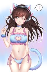 Rule 34 | 1girl, ;), ;3, absurdres, animal ears, bell, blue background, blue bra, blue panties, blush, bra, breasts, brown eyes, brown hair, cat cutout, cat ear panties, cat ears, cat lingerie, cat tail, choker, cleavage cutout, clothing cutout, collar, collarbone, cowboy shot, d.va (overwatch), facial mark, fang, fang out, frilled bra, frills, gradient background, head tilt, headphones, highres, jingle bell, long hair, looking at viewer, meme attire, navel, neck bell, one eye closed, outline, overwatch, overwatch 1, panties, purple background, side-tie panties, smile, solo, spoken expression, swept bangs, tail, thigh gap, twitter username, underwear, underwear only, vumii, whisker markings, white background