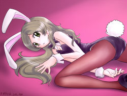 Rule 34 | 10s, 1girl, 2011, :o, alternate costume, animal ears, bare shoulders, eyelashes, fake animal ears, green eyes, grey hair, kasuga rurito, leotard, long hair, lying, minamino kanade, pantyhose, pink background, playboy bunny, precure, rabbit ears, rabbit tail, simple background, solo, suite precure, tail, wrist collar, wrist cuffs