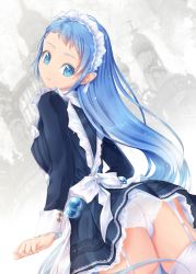 Rule 34 | 1girl, alternate costume, black dress, blue eyes, blue hair, commentary request, cowboy shot, dress, enmaided, from behind, garter straps, gradient hair, highres, kantai collection, kirishima satoshi, long hair, looking at viewer, looking back, maid, maid headdress, multicolored hair, panties, parted lips, samidare (kancolle), solo, swept bangs, underwear, very long hair, white panties