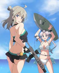 Rule 34 | 2girls, aac honey badger, advanced armament corporation, ahoge, akitsushima (kancolle), arms up, ass, assault rifle, badge, beach, bikini, black bikini, blush, breasts, carbine, cloud, commission, crossover, day, earrings, eyewear on head, girls&#039; frontline, gun, hair bun, hair ribbon, head tilt, highres, holding, holding gun, holding weapon, honey badger (girls&#039; frontline), integral suppressor, integrally-suppressed firearm, jewelry, kantai collection, long hair, looking at viewer, medium breasts, multiple girls, nel-c, ocean, open mouth, outdoors, personal defense weapon, polka dot, ponytail, purple eyes, q (firearms company), ribbon, rifle, sidelocks, single hair bun, skeb commission, sky, sparkle, sunglasses, suppressor, surfboard, swimsuit, tongue, tongue out, weapon, white bikini