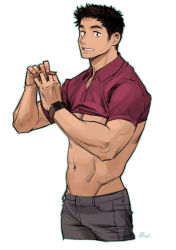 Rule 34 | 1boy, black hair, clothes lift, grey pants, hands up, male focus, muscular, muscular male, navel, original, pants, parted lips, purple shirt, rinotuna, shirt, shirt lift, short hair, short sleeves, signature, simple background, solo, upper body, white background