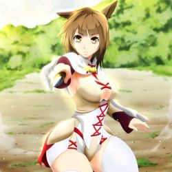 Rule 34 | animal ears, artist request, breasts, brown eyes, brown hair, bush, cleavage, copyright request, cosplay, dirt road, large breasts, looking at viewer, lowres, nachetanya loei piena augustra, nachetanya loei piena augustra (cosplay), pointing, pointing at viewer, road, rokka no yuusha, short hair, sitting, solo, tagme, thick thighs, thighhighs, thighs