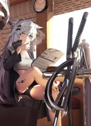 Rule 34 | 1girl, animal ears, arknights, bandeau, bare legs, black footwear, black jacket, black shorts, boots, bread, breasts, clock, closed mouth, commentary, cup, eason870408, food, grey eyes, grey shirt, hair between eyes, hair ornament, hairclip, highres, holding, holding cup, holding paper, indoors, jacket, lappland (arknights), long hair, looking at viewer, material growth, medium breasts, open clothes, open jacket, oripathy lesion (arknights), paper, scar, scar across eye, scar on face, shadow, shirt, short shorts, shorts, silver hair, simple background, sitting, smile, solo, sword, symbol-only commentary, teacup, thighs, very long hair, weapon, white bandeau, wolf ears