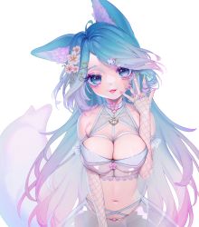 Rule 34 | 1girl, absurdres, animal ears, animal hair ornament, blue eyes, blue hair, breasts, character name, cherry blossoms, chest harness, cleavage, fishnets, flower, fox ears, fox girl, fox tail, frills, gem, gradient hair, hair flower, hair ornament, twirling hair, hairclip, harness, highres, large breasts, long hair, midriff, multicolored hair, nail art, nail polish, neko neko ne katta, no panties, parted bangs, pearl (gemstone), pink hair, pink nails, see-through, silvervale, silvervale (4th costume), simple background, skirt, solo, tail, tongue, tongue out, very long hair, virtual youtuber, vshojo, white background, white nails