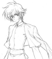 Rule 34 | 1boy, arm out of sleeve, bad link, collared shirt, expressionless, gundam, gundam 00, hair between eyes, jacket, long sleeves, looking to the side, male focus, miokurumi, sash, setsuna f. seiei, shirt, short hair, simple background, sketch, solo, standing, upper body