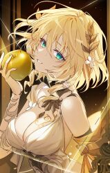 1girl absurdres aglaea_(honkai:_star_rail) apple b_soyo1 black_background blonde_hair breasts cleavage commentary dress food fruit golden_apple green_eyes highres holding holding_food holding_fruit honkai:_star_rail honkai_(series) large_breasts laurel_crown parted_lips short_hair solo upper_body white_dress