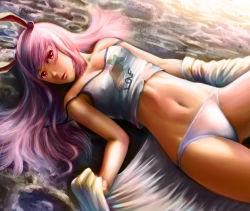 Rule 34 | 1girl, animal ears, beach, breasts, rabbit ears, carrot, crop top, english text, covered erect nipples, highres, lips, long hair, lying, midriff, navel, off shoulder, on back, panties, pink hair, puddle, red eyes, reisen udongein inaba, sand, solo, stomach, suehan, touhou, towel, underwear