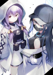Rule 34 | 2girls, atsuko (blue archive), baseball cap, black hair, blue archive, bow, braid, commentary request, from above, from behind, grey eyes, hair between eyes, hair bow, hair ribbon, halo, hat, highres, hood, hooded coat, hoodie, long hair, long sleeves, looking at viewer, looking back, looking up, low twintails, mask, mouth mask, multiple girls, omochishiki, pantyhose, purple hair, red eyes, ribbon, saori (blue archive), sidelocks, simple background, twin braids, twintails, white background, white legwear
