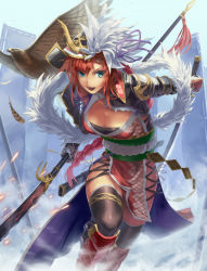 Rule 34 | 1girl, armor, banner, bird, black thighhighs, blue eyes, braid, breasts, cleavage, cuboon, dual wielding, falcon, feather boa, feathers, fog, helm, helmet, holding, katana, large breasts, nobori, open mouth, original, polearm, red hair, revision, scabbard, sengoku taisen, sheath, short hair, smile, solo, spear, sword, thighhighs, weapon