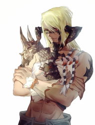 Rule 34 | 1boy, abs, asymmetrical bangs, au ra, warrior of light (ff14), bare shoulders, blonde hair, closed mouth, collarbone, dama (sindygao), final fantasy, final fantasy xiv, hand on own arm, heterochromia, highres, horns, long hair, looking at viewer, male focus, midriff, muscular, red eyes, simple background, smile, solo, standing, upper body, white background, wristband, yellow eyes
