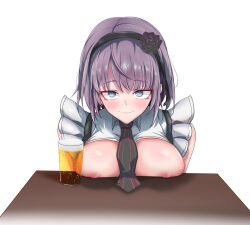 Rule 34 | 1girl, absurdres, alcohol, beer, blue eyes, blush, breast press, breasts, breasts out, dagashi kashi, hair ornament, hairband, half-closed eyes, highres, large breasts, looking at viewer, necktie, nipples, no bra, purple hair, shidare hotaru, short hair, smile, solo, suspenders, table, unbuttoned, unbuttoned shirt