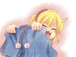 Rule 34 | 1girl, :3, alice margatroid, bad id, bad pixiv id, blonde hair, blush, closed eyes, dokuta, embarrassed, female focus, gradient background, hairband, open mouth, shawl, short hair, solo, touhou, white background, yellow eyes
