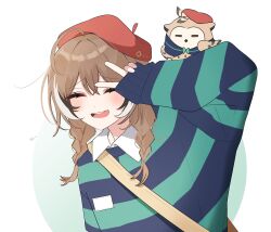 Rule 34 | 1girl, ahoge, alternate costume, bag, beret, blue sweater, braid, brown hair, capelet, closed eyes, crossed bangs, feathers, fingernails, french braid, green sweater, hair between eyes, hat, highres, hololive, hololive english, hooman (nanashi mumei), low twin braids, multicolored hair, nanashi mumei, on shoulder, shoulder bag, sleeves past wrists, streaked hair, striped clothes, striped sweater, sweater, twin braids, v, virtual youtuber, xx tk9