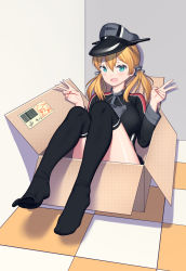 Rule 34 | 1girl, absurdres, anchor hair ornament, aqua eyes, black thighhighs, blonde hair, box, breasts, cardboard box, corner, double v, hair ornament, hat, highres, in box, in container, kantai collection, large breasts, long hair, long sleeves, low twintails, military, military uniform, nail polish, peaked cap, prinz eugen (kancolle), red nails, sitting, solo, thighhighs, twintails, uniform, v, xiaoxi0619