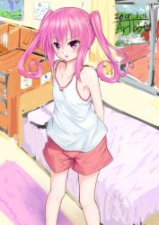 Rule 34 | 1girl, 2018, arms behind back, curly hair, dated, highres, long hair, nana asta deviluke, open mouth, pink eyes, pink hair, pink shorts, shorts, signature, sketch, solo, to love-ru, traveler (artbbt), twintails, vest, white vest