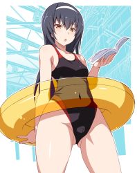 Rule 34 | 10s, 1girl, black hair, black one-piece swimsuit, blue background, book, brown eyes, competition swimsuit, covered navel, from below, girls und panzer, hairband, highres, innertube, long hair, looking at viewer, nakamura yukitoshi, one-piece swimsuit, reizei mako, solo, swim ring, swimsuit, white hairband