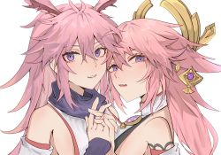 Rule 34 | 2girls, :d, animal ears, bare shoulders, crossover, earrings, fox ears, genshin impact, hair between eyes, hair ornament, highres, holding hands, honkai (series), honkai impact 3rd, japanese clothes, jewelry, looking at viewer, mihoyo, miko, multiple girls, name connection, open mouth, pink hair, purple eyes, sakura ayane, shiba257, simple background, smile, white background, yae miko, yae sakura, yae sakura (gyakushinn miko)