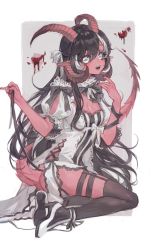 Rule 34 | 1girl, :d, bad id, bad twitter id, black hair, black thighhighs, blood, bow, breasts, cleavage, colored skin, commentary, copyright request, curled horns, demon horns, demon tail, dress, fang, fang out, fangs, full body, grey background, hair between eyes, hair bow, hand up, high heels, highres, horizontal pupils, horns, lace, maccha (mochancc), monster girl, multicolored hair, multiple horns, open mouth, pink skin, pinky out, red skin, sharp teeth, simple background, smile, solo, streaked hair, symbol-only commentary, tagme, tail, teeth, thighhighs, white bow, white dress, white hair