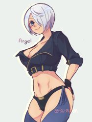 Rule 34 | 1girl, angel (kof), bad id, bad pixiv id, belt buckle, blue eyes, breasts, buckle, chaps, cleavage, cowboy shot, cropped jacket, english text, fingerless gloves, gloves, hair over one eye, isu zusan, large breasts, looking at viewer, midriff, short hair, smile, solo, the king of fighters, thighs, twitter username, underwear, white hair