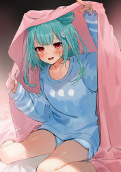 Rule 34 | 1girl, blanket, blue nails, blue pajamas, blue shirt, blue shorts, blush, commentary request, double bun, ghost hair ornament, ghost print, gotou (nekocat), green hair, hair bun, hair ornament, highres, hololive, long hair, long sleeves, looking at viewer, nail polish, on bed, open mouth, pajamas, print shirt, red eyes, shirt, shorts, sitting, smile, solo, under covers, uruha rushia, virtual youtuber, wariza
