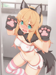 Rule 34 | 1girl, animal ears, animal hands, aqua eyes, blonde hair, blush, gloves, hairband, halloween, long hair, open mouth, original, paw gloves, shorts, solo, strapless, striped clothes, striped thighhighs, tachimi (basue), tail, thighhighs, tube top, wolf ears, wolf tail